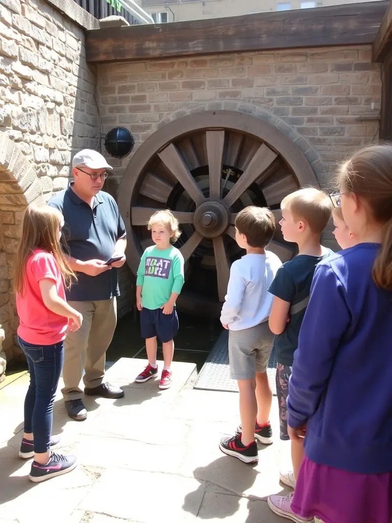 A photograph of children participating in a guided tour of the Razel mill, led by a knowledgeable guide, with the mill's water wheel visible in the background.