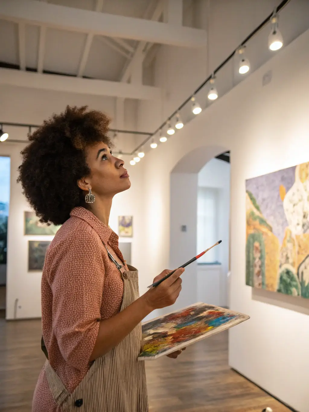 A photograph of a local artist displaying their artwork inspired by the mills, during an art exhibition held on the mill grounds.