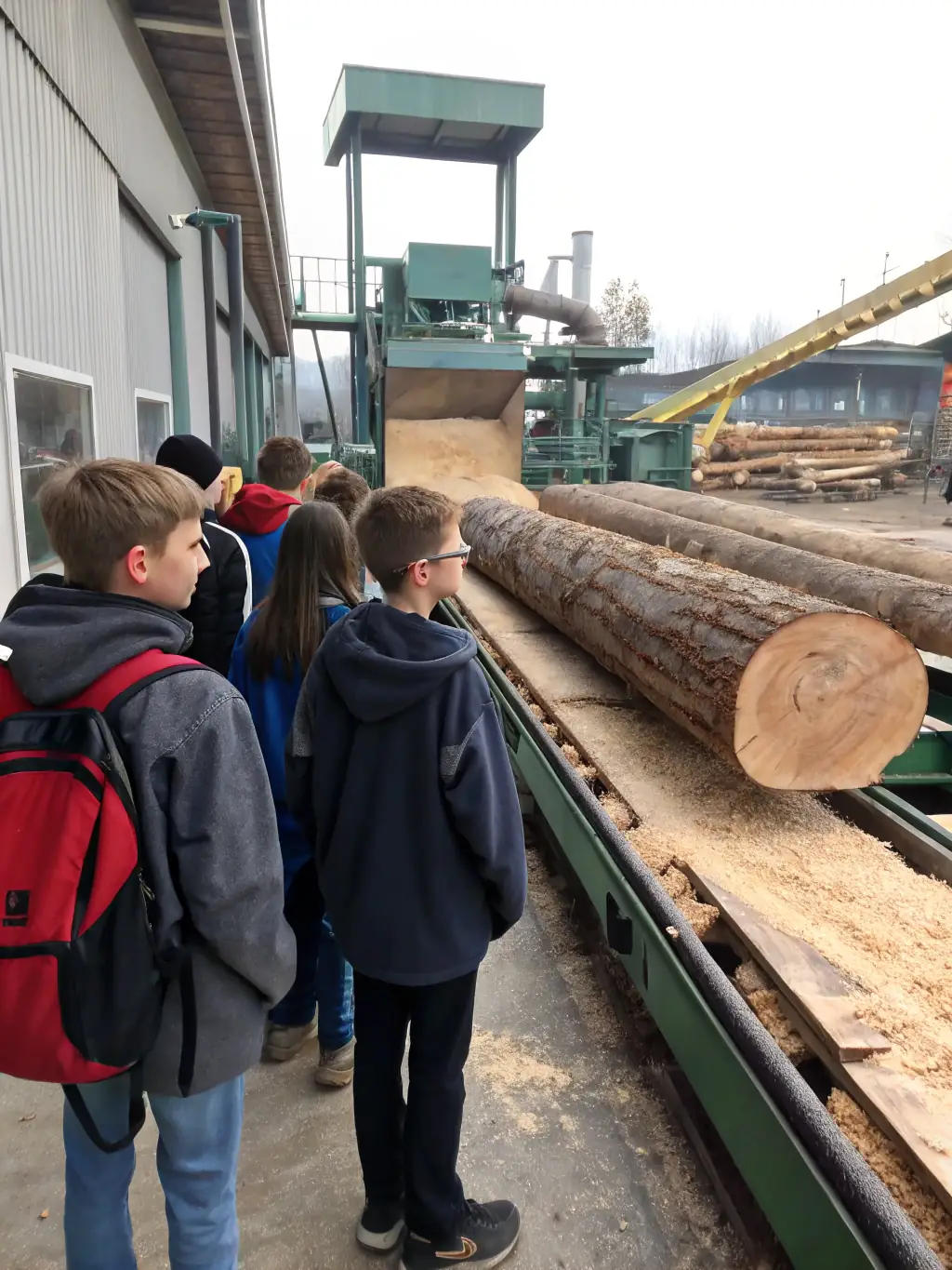A scenic view of the Razel mill with a group of students on a guided tour, showcasing the educational aspect of the program.