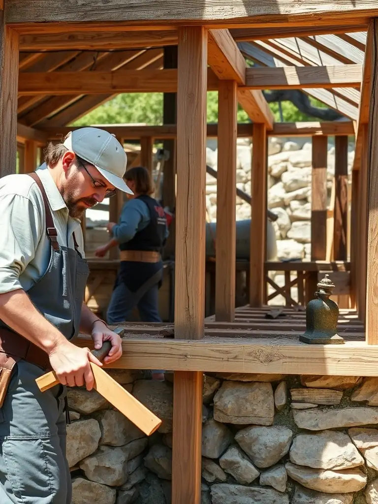 A photograph of volunteers working on the restoration of the Chaumeil mill, emphasizing the community involvement in preservation efforts.
