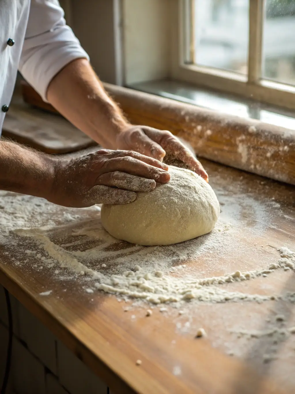 A photograph of a group of adults participating in a bread-making workshop at the mill, using flour ground on-site.