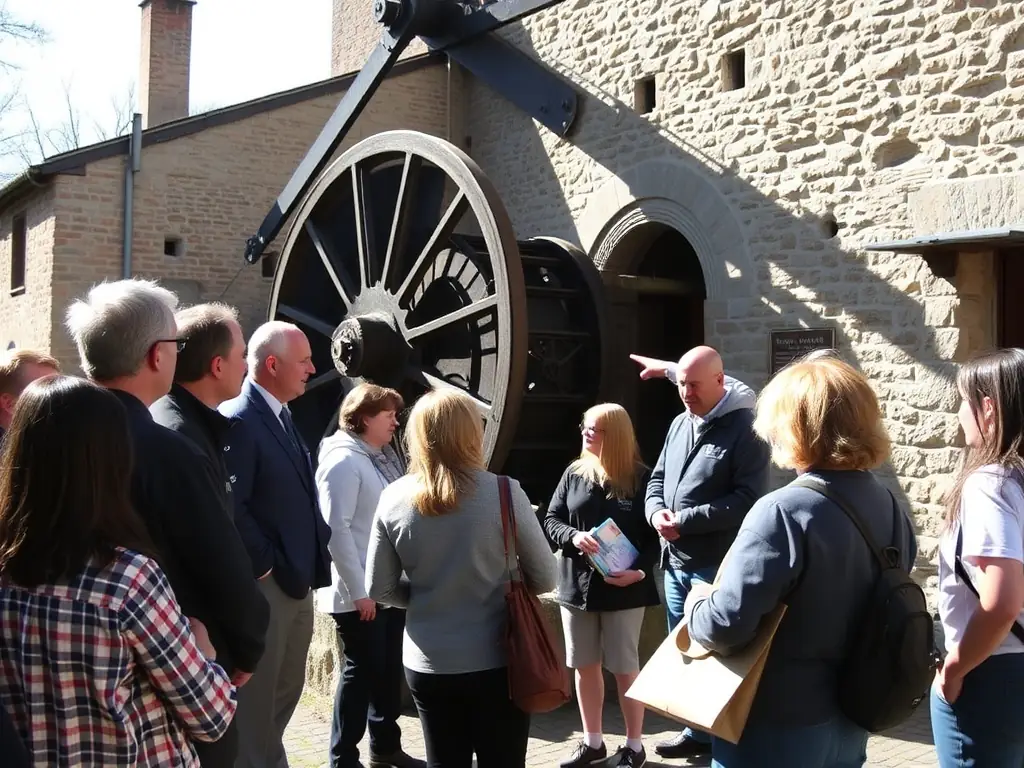 A scenic view of the Razel & Chaumeil mills, showcasing the historic architecture and natural surroundings, with a group of visitors gathered for a guided tour.